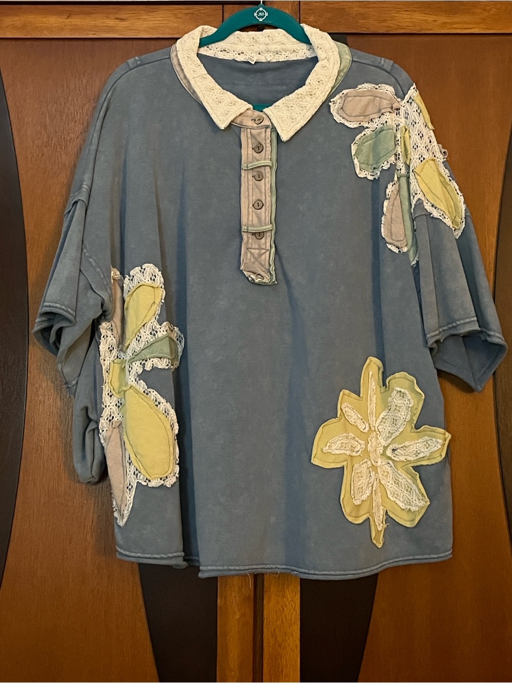 Oli & Hali Blue Polo Top w/Eyelet Collar-Yellow-Green-Eyelet Flower Appliqués